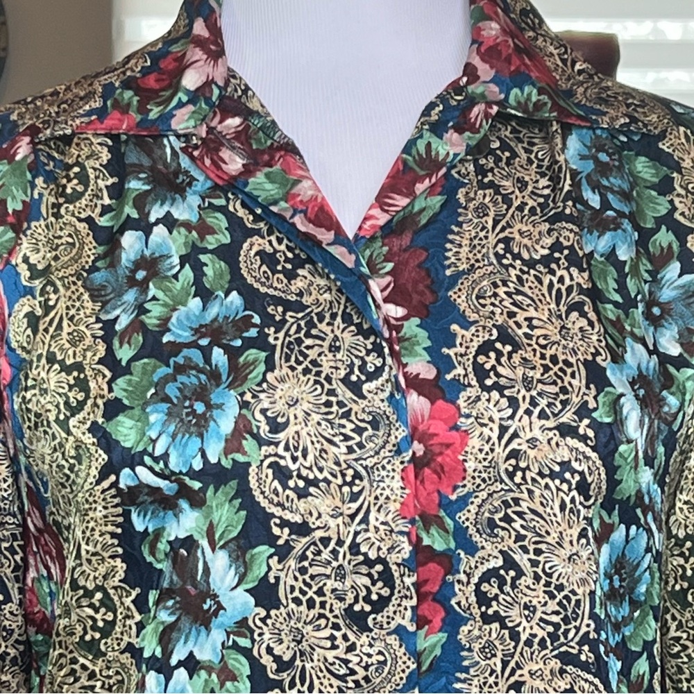 Vibrant Vintage Notations Blouse Size 8 Button Up Colorful 80’s Satin Top Shirt - Picture 2 of 13